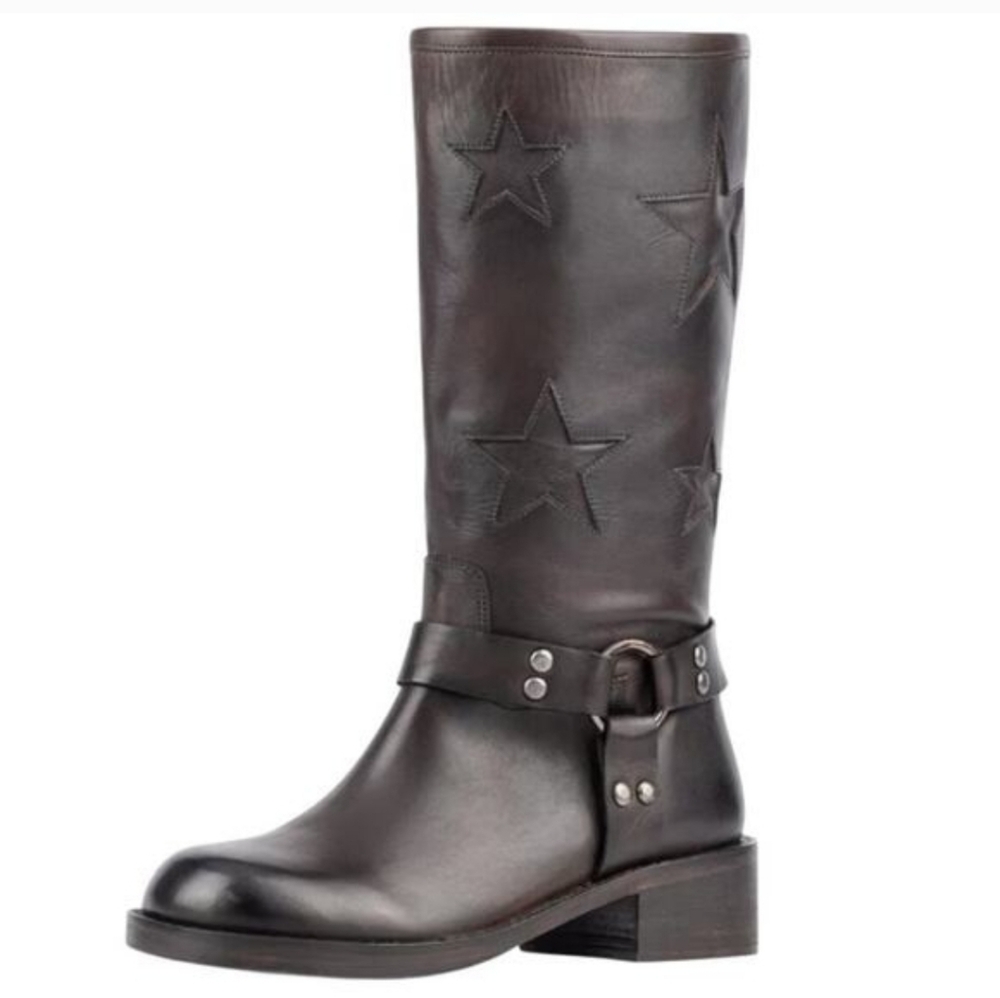 NEW! VINTAGE FOUNDRY CO Brown Leather Mathilde Star Heeled Moto Boots 6.5.